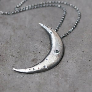 Celestial Crescent Moon Necklace Cratered Green Blue Sapphire Gemstone Oxidized Recycled Sterling Silver Necklace Galaxy Jewelry Crisium image 1