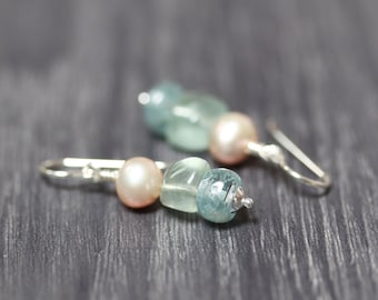 Pearl, Fluorite and Kyanite Beaded Dangle Earrings, Soft Pastel Semi Precious Gemstone Earrings Recycled Sterling Silver Drops