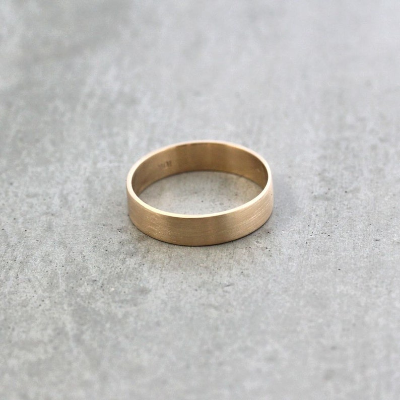 Mens Gold Wedding Band, Unisex 5mm Wide Brushed Flat 10k Recycled Yellow Gold Wedding Ring Simple Textured Mans Minimalist Ethical Band image 4