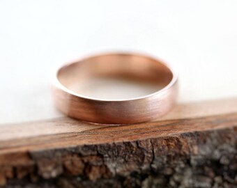 Unisex Rose Gold Men's Wedding Band, Brushed 4.5mm Low Dome 14k Recycled Hand Carved Rose Gold Wedding Ring