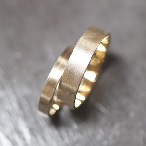Gold Wedding Band Set, His and Hers 5mm and 3mm Brushed Flat 10k Recycled Yellow Gold Wedding Ring Set Gold Rings - Made in Your Sizes