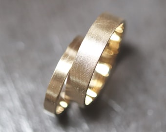 Gold Wedding Band Set, His and Hers 5mm and 3mm Brushed Flat 10k Recycled Yellow Gold Wedding Ring Set Gold Rings - Made in Your Sizes