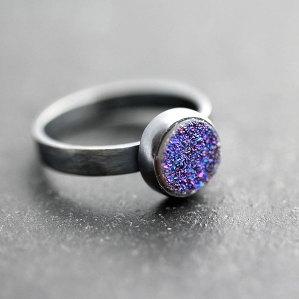 Cobalt Blue Violet Druzy Ring, Galaxy Blue Druzy Gemstone Oxidized Sterling Silver Ring Druzy Jewelry - Size 6 - Pluto