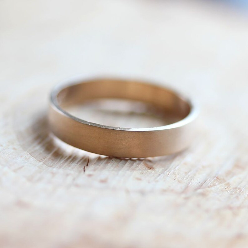 Men's Gold Wedding Band, Unisex 4mm Brushed Flat 10k Recycled Yellow Gold Wedding Ring Gold Ring Made in Your Size image 2