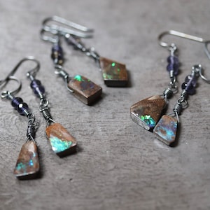 Australian Boulder Opal Earrings: Sterling Silver Kyanite Dangle Jewelry