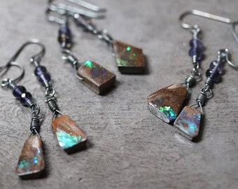 Australian Boulder Opal Earrings Raw Gemstone Dangle Drop Sterling Silver Rustic October Birthstone Jewelry, Rough Opal Stone Gift for Libra