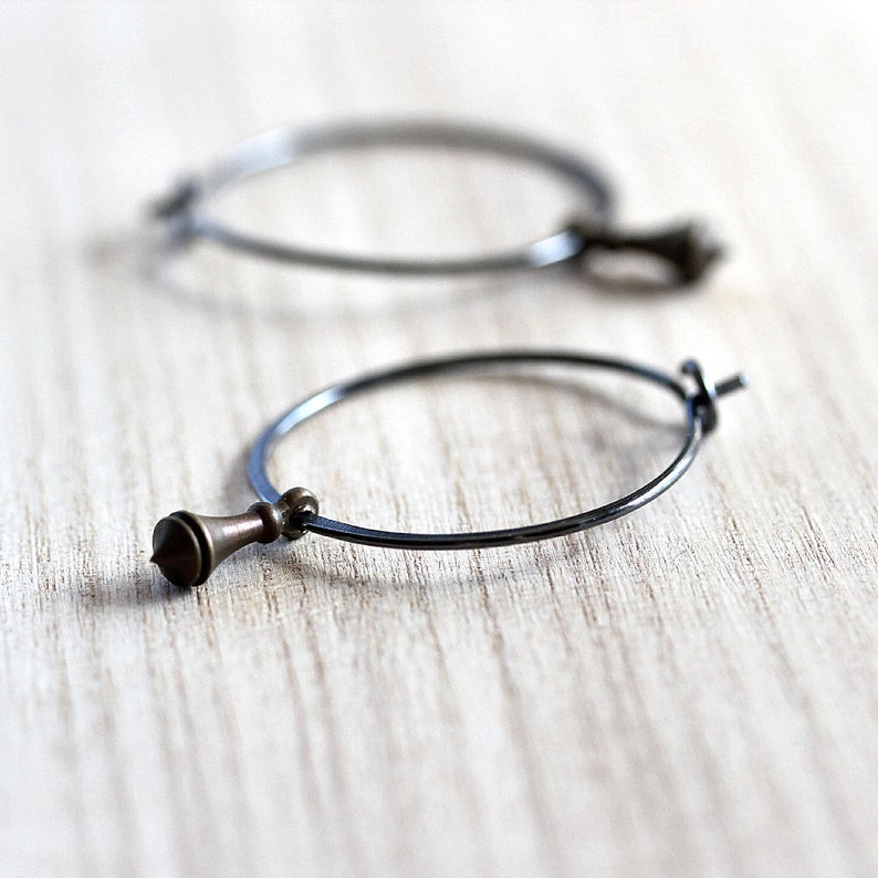 Hoop Earrings, Brass Pendulum Oxidized Sterling Silver Hoops Boho Women's Jewelry Clockwork image 3