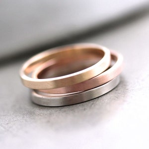 Gold Wedding Band Stackable Ring, 2mm Flat Slim Recycled 14k Yellow Gold Ring Brushed Gold Wedding Ring or Stacking Ladies Wedding Ring image 2