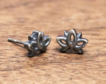 Tiny Lotus Flower Studs: Oxidized Recycled Sterling Silver Earrings