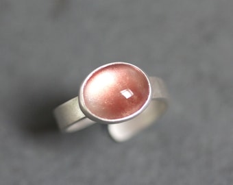 Oregon Sunstone Ring, Apricot Peach Pink Oval Cabochon Gemstone Recycled Sterling Silver Matte Adjustable Ring Sunstone Jewelry Womens Ring