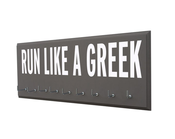 running marathon - medal display rack, Run like a Greek, wooden wall mounted display rack for medals