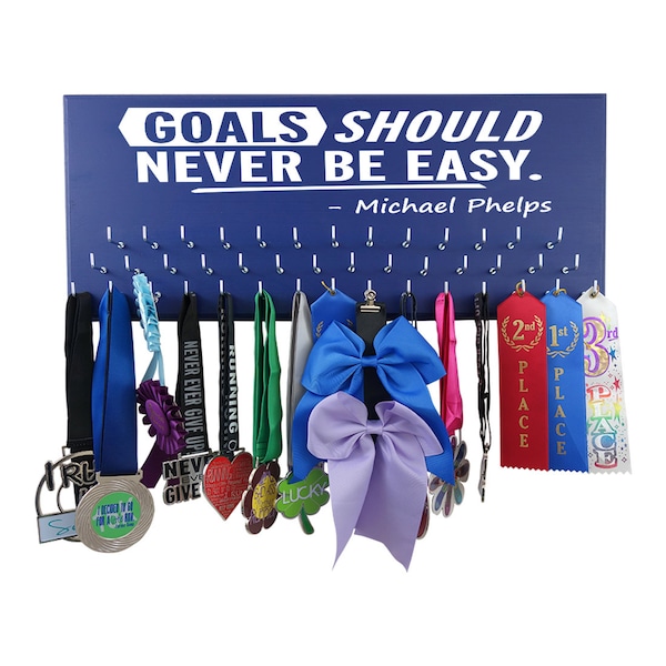 Swimming Medal holder - Swimmer gift, Swim ribbon display, Goal never easy Micheal Phelps Quote