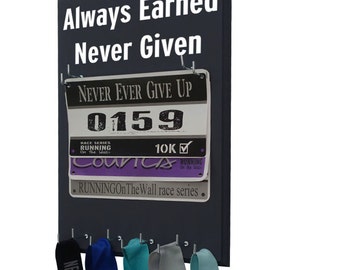 Always earned... Race bib holder - holder for bibs and medals, running race bib hanger, racing bibs, race day bibs