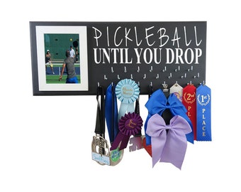 PICKLEBALL medals holder, display and organize all your medals and awards from games on this hooks rack & wooden hanger - PICKLEBALL gift