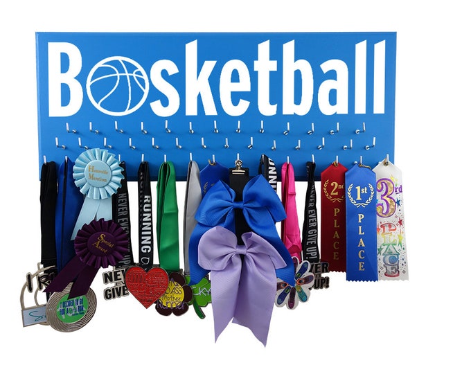 BASKETBALL Medal and ribbons hanger, Hold and display all your awards and trophy, perfect BASKETBALL gift for volleyball player, goals