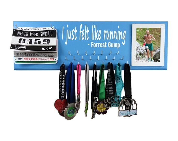 Medal display rack - Forrest Gump running quote on medal holder - running medal hanger - runners medal display - runners medal racks