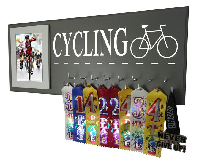 Cycling medal holder - Hanger for biking race medals - Bicycle awards display rack - Cyclist ribbons trophy - Life is like a bicycle...