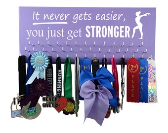 Gymnastics medal holder, Gymnastics gifts, gymnast gift, it never gets easier, you just get stronger, Hanger Display Rack and hooks 4 awards