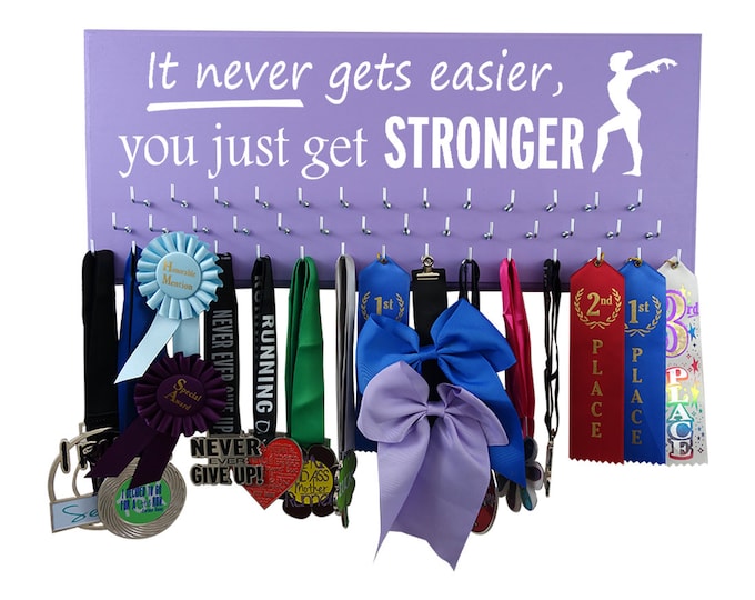 Gymnastics medal holder, Gymnastics gifts, gymnast gift, it never gets easier, you just get stronger, Hanger Display Rack and hooks 4 awards