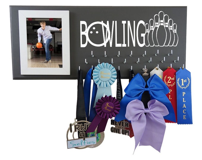 Bowling medals holder, display and organize all your medals and awards from games on this hooks rack & wooden hanger - BOWLING gift