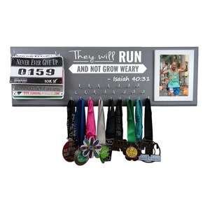 Running Medal display, inspirational bible verse, running medal holder, race bib medal rack, They will run and not grow weary. -Isaiah 40:31