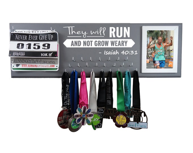 Running Medal display, inspirational bible verse, running medal holder, race bib medal rack, They will run and not grow weary. -Isaiah 40:31