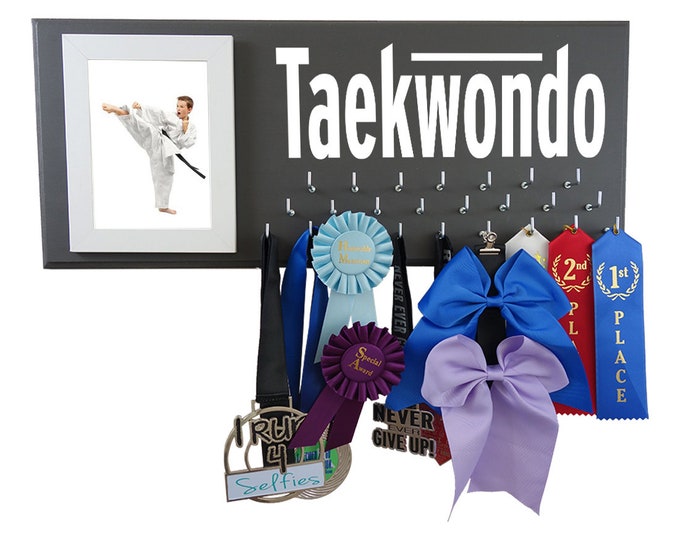 TAEKWONDO medals holder, display and organize all your medals and awards from games on this hooks rack & wooden hanger - TAEKWONDO gift