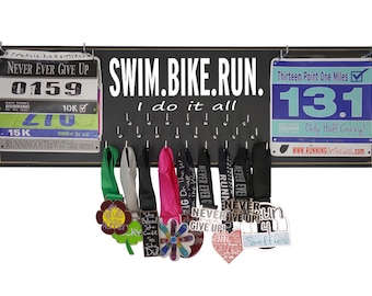 Triathlon medal holder - triathlon - triathlon art - Triathlon gifts - Ironman triathlon - Swim.bike.run I do it all