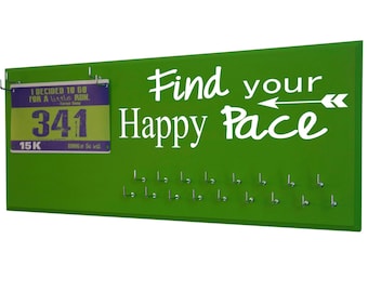 Running Medal Holder and Race Bib Hanger RUNNING  - Find your happy pace - Racing bib display - gifts for runners