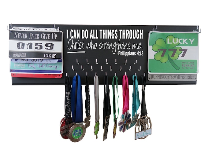 Running, Gifts for runners Running medal holder, race bib hanger, 5K, 10K, Half and full marathon, I can do all things… Philippians 4:13,