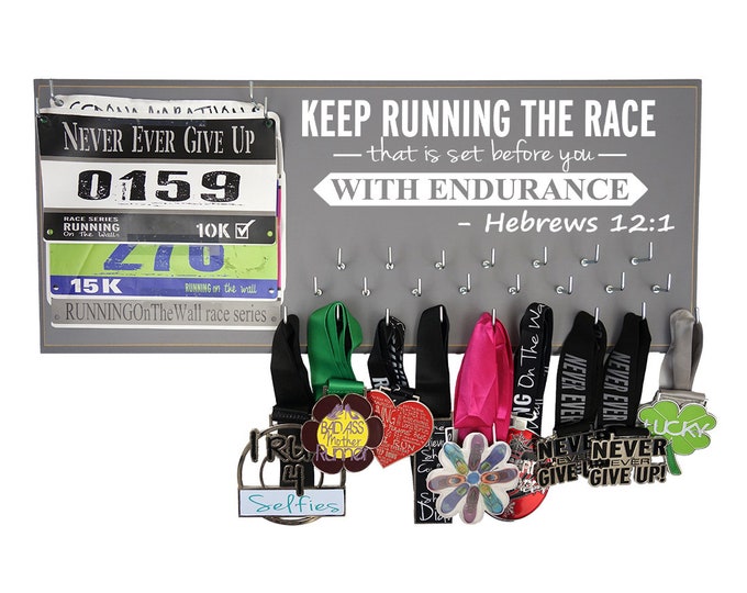 Running Medal Holder and Race Bib Hanger - Running medal rack Race bib holder - Hebrews 12:1 Keep Running the race that is set before you