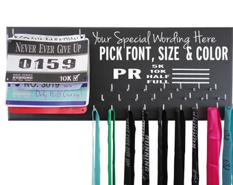 custom running medal holder - Marathon medals display rack - create your own - PR - white your own quote above the PR