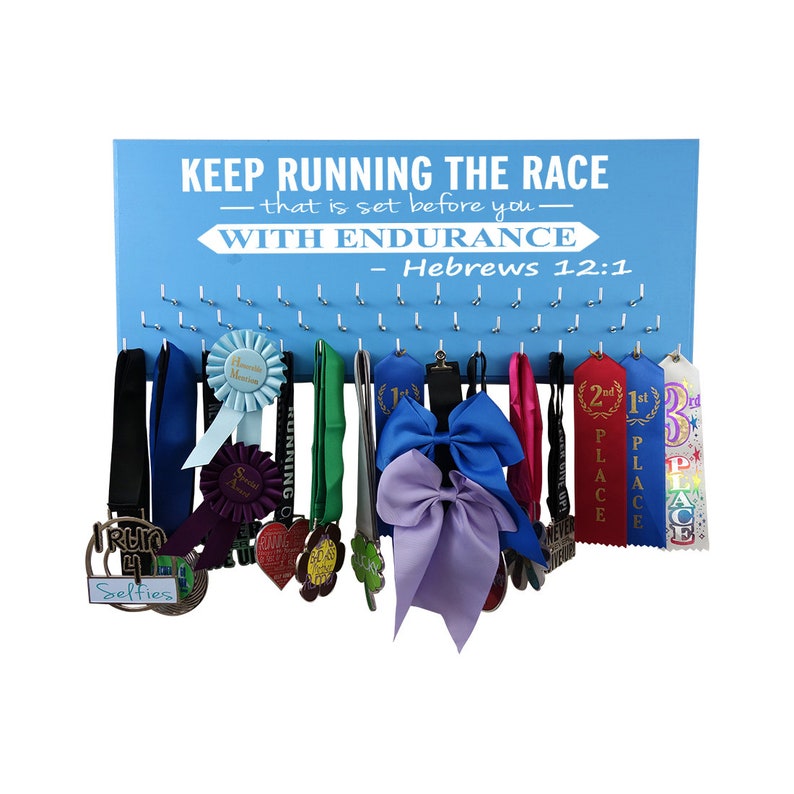 Running medal holder Running medal rack Race medal Display Race bib hanger Half Marathon Gifts Keep running the race..Hebrews 12:1 image 2