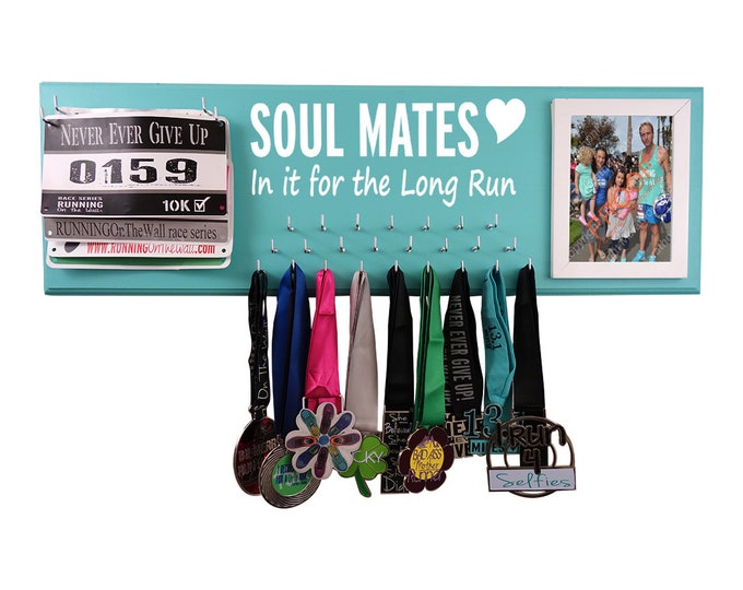 wedding gift for running couple -  medals holder -   race bibs and medals hanger - soul mates in it for the long run