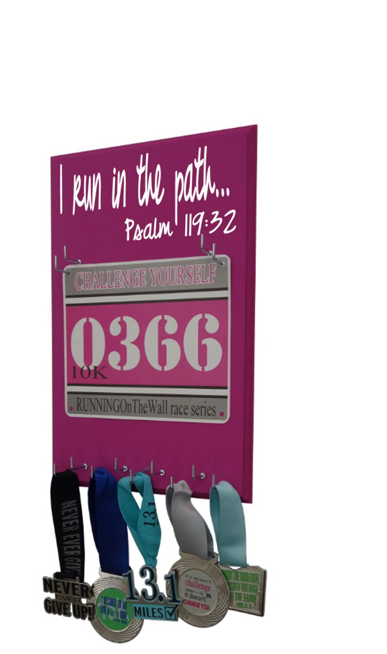 Biblical Inspirational running race bib holder and medal hanger I run in the path Psalm 119:32 image 1