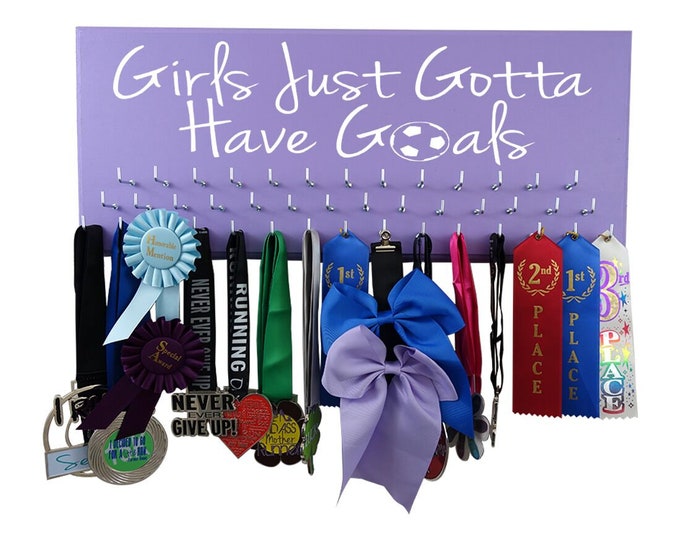 Girls-Goals medals holder, display and organize all your medals and awards from games on this hooks rack & wooden hanger - SOCCER gift