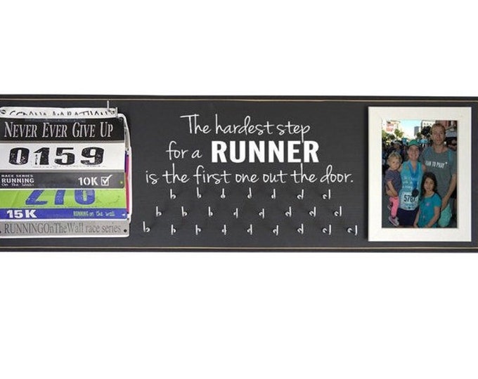 Gifts for runners - running medal holder and display rack for race bibs - Wooden medal hanger with hooks for medals