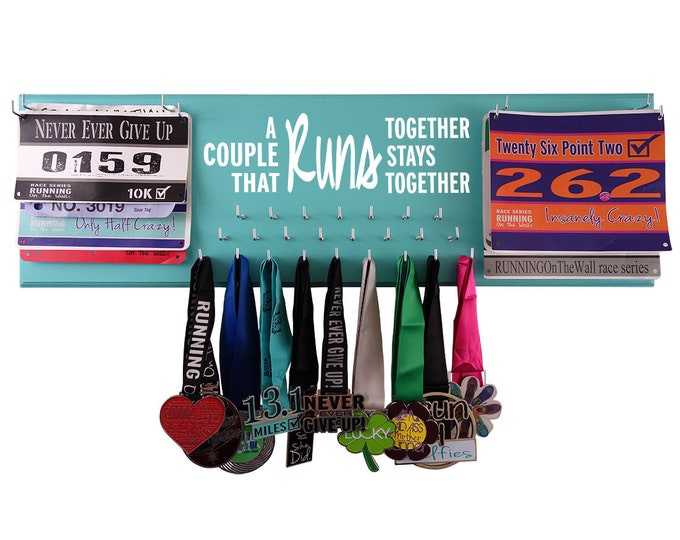 Medals display rack,  Couple that runs together stays together, gifts for runners, 5K, 10K, half and full marathon race bib holder