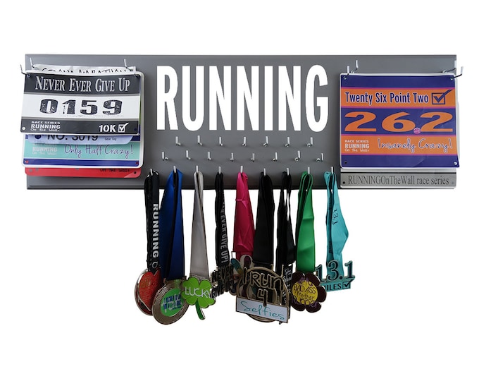 Use a running medal holder and race bibs display to organize all your medals - Running medal display - running medal rack