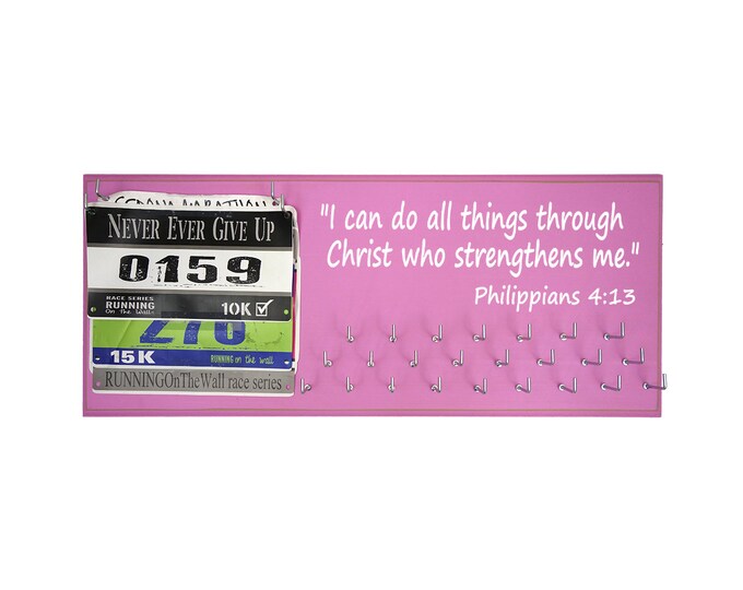 Running medal and race bibs - I can do all things through Christ who strengthens me. -Philippians 4:13