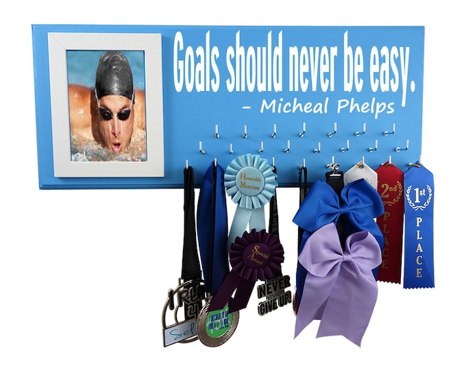 Swimming, Swimming awards ribbon holder, Swimming ribbon hanger, Display your swimming awards, Goals should never be easy. Michael Phelps