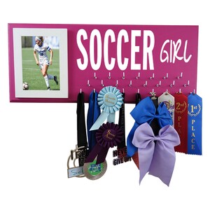 Soccer medals holder, gift for soccer player, soccer coach, soccer team, soccer gifts, awards holder, trophy display, ribbons hanger image 1