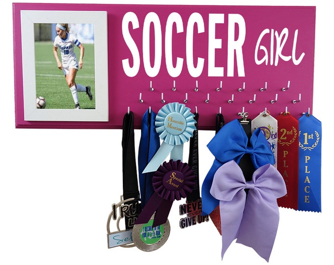 Soccer medals holder, gift for soccer player, soccer coach, soccer team, soccer gifts, awards holder, trophy display, ribbons hanger