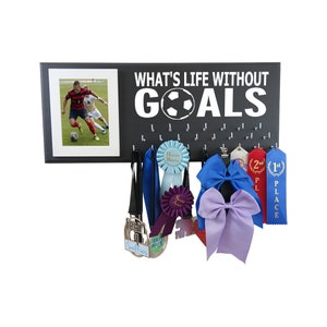 Soccer Medal Holder, Display your soccer medals awards and trophy, Personalized with your name, What is life without Goal, Gift