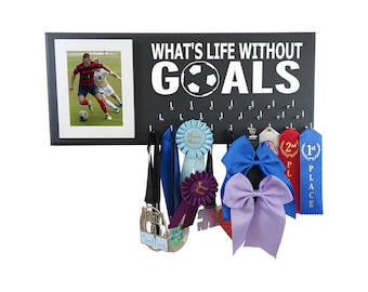 Soccer Medal Holder, Display your soccer medals awards and trophy, Personalized with your name, What is life without Goal, Gift