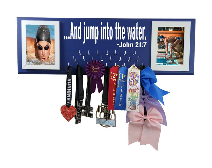 Swim medal holder, bible verse for swimmer, - ... And jump into the water. - john 21:7 , awards, ribbons, medal board, gifts