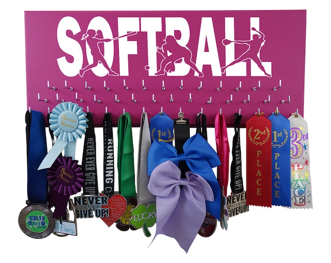 SOFTBALL medals holder, display and organize all your medals and awards from games on this hooks rack & wooden hanger - Softball player gift