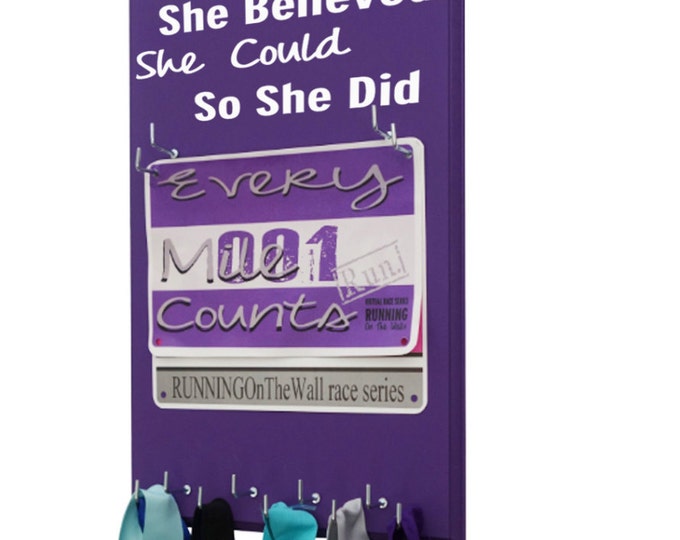 running medal holder and Race bibs holder: running - She believed she could so she did.