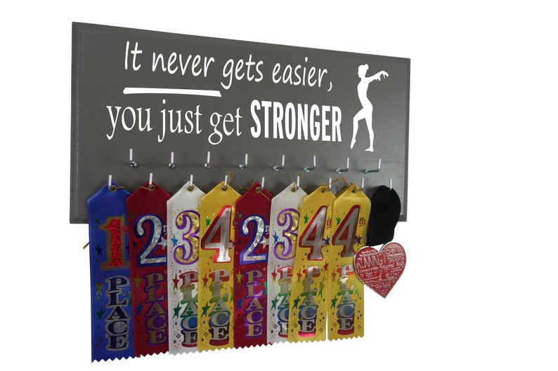 Gymnastics award holder, ribbon hanger, Medal Display Rack for gymnast, Gifts for gymnast, It never gets easier, you just get stronger. image 2