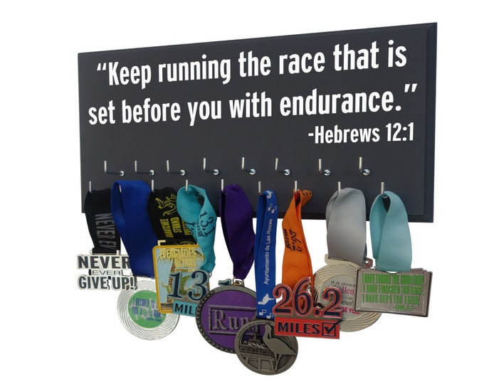 Running, Running Medal display, inspirational bible verse, running medal holder, runners medal rack, race medal holder, running medal rack